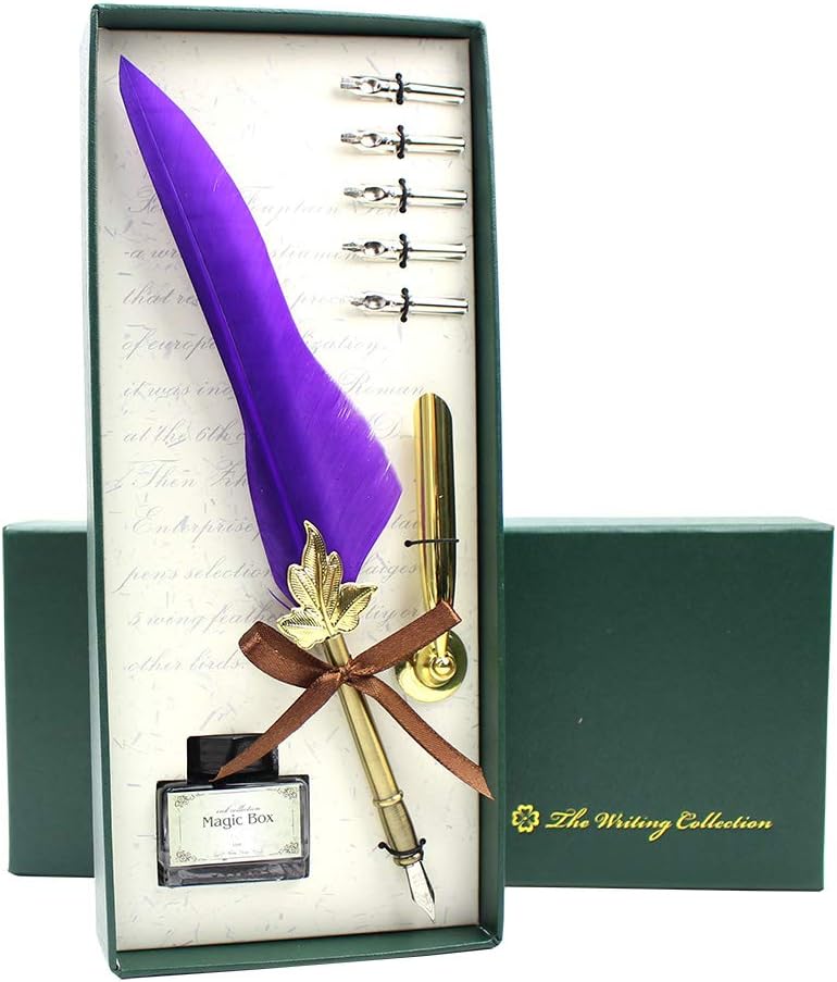FEATTY Calligraphy Pen Set Quill Dip Pen Antique Feahter Fountain Pen Kit with 12 Nibs and Pen Stand and Ink Bottle (Purple)