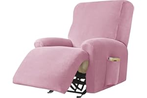 PENDEJATO Stretch Recliner Chair Covers, 4-Piece Ultra Soft Velvet Recliner Slipcovers Single Seat Couch Cover Furniture Protector with Pocket (Pink)