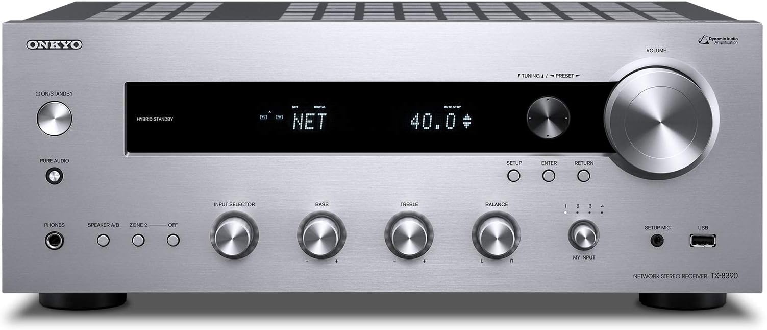 Onkyo TX-8390 (S) Stereo Receiver (Hifi Amplifier 200 Watt/channel, Multiroom, Wifi, Bluetooth, Streaming, Music Apps (Spotify, Tidal, Deezer), DAB+, Front USB/Audio in, 4K Upscaling), Silver