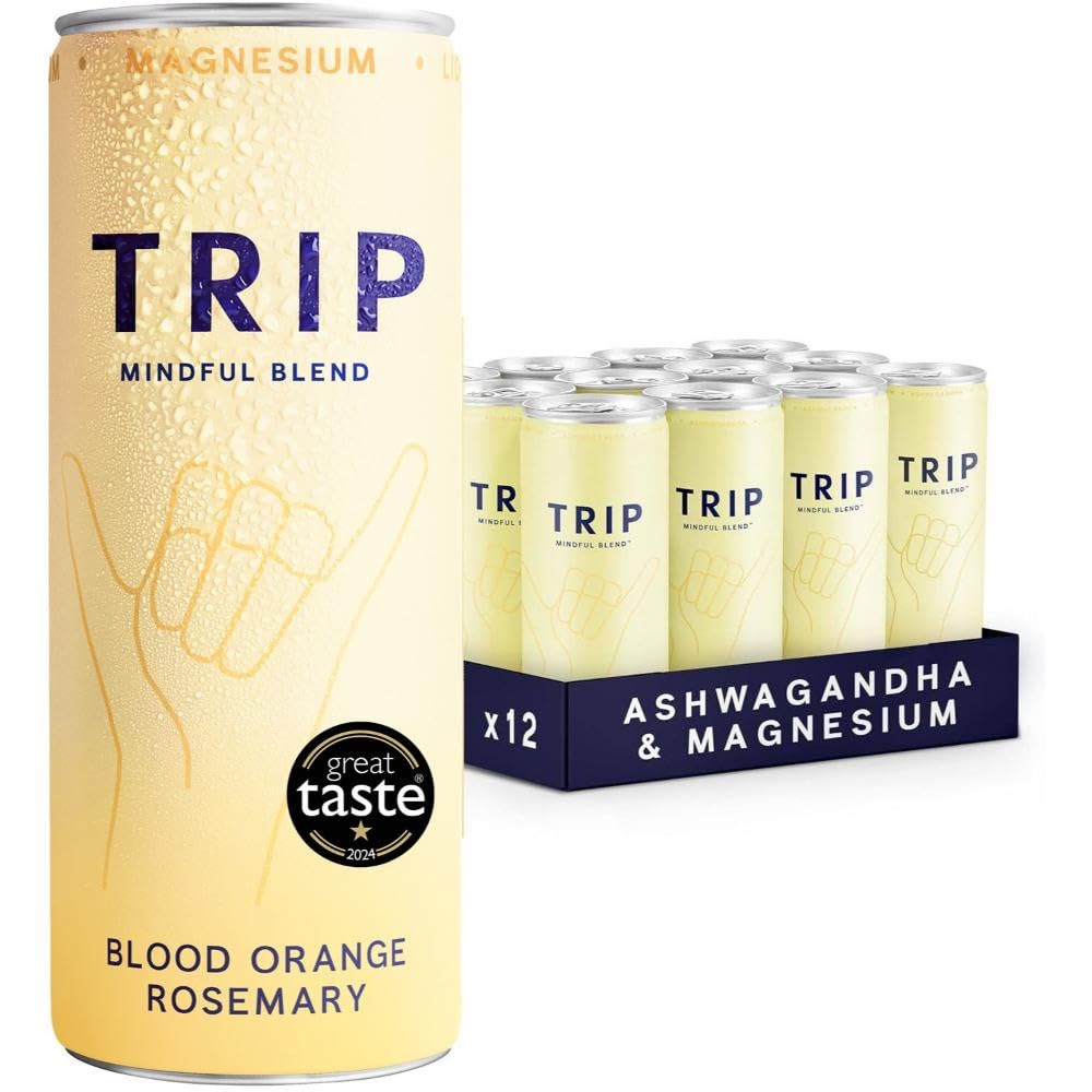 TRIP Mindful Blends - Blood Orange & Rosemary Sparkling drink with Magnesium Citrate + Ashwagandha + Lion’s Mane + L-theanine. Low Calorie and Vegan (Pack of 12 x 250ml)