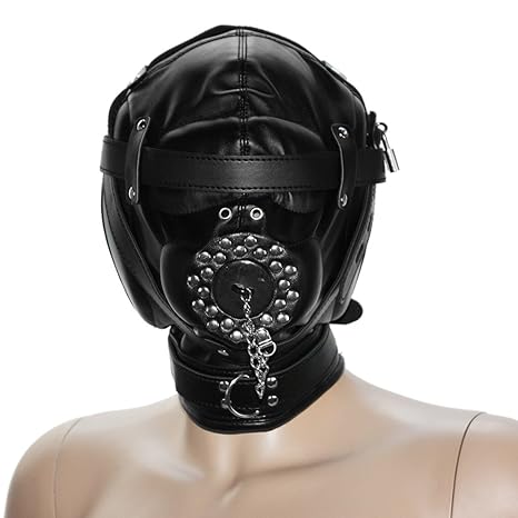 BDSM Bondage Maske, Kopfmaske mit Knebel, Gagring-Röhre mit Abfluss-Stöpsel, gepolsterte Abschirmungsmaske für Sklaven Rollen