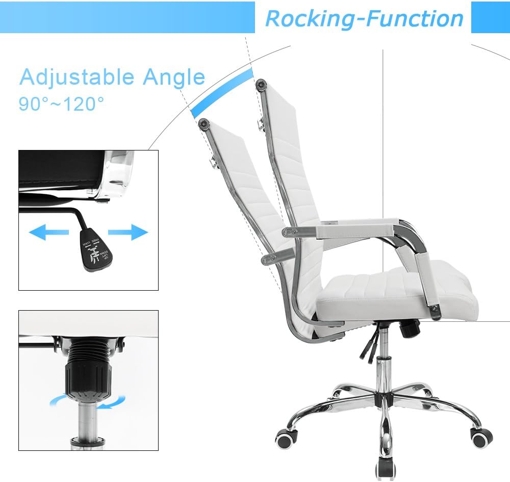 Furmax Ribbed Office Desk Chair Mid-Back PU Leather Executive Conference Task Chair Adjustable Swivel Chair with Arms (White): Home & Kitchen