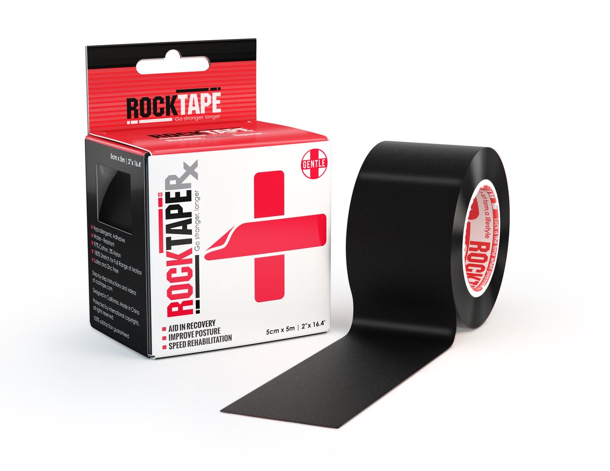 RockTapeRx Unisex Kinesiology Tape (5cm x 5m Roll) - Elastic Therapeutic Tape for Rehab & Posture Training - Gentle Adhesive for Sensitive Skin - Physio Sports Tape for Athletes - Black