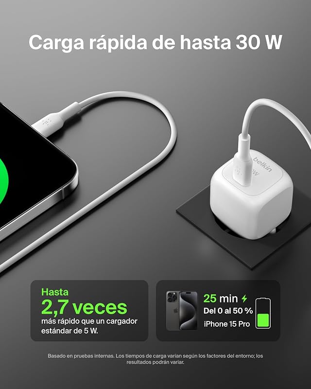 BoostCharge Compact Cargador de Pared de 30 W, Ideal para Viajar, Carga rápida USB C Power Delivery para Apple iPhone 17, Air, 16, 15, Samsung Galaxy, iPad, AirPods, Tabletas, Pixel - Blanco