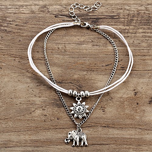 ATIMIGO 2PCS Boho Beach Layered Rope Anklet Bracelet Sunflower Elephant Charm Handmade Foot Jewelry for Women Teen Girls