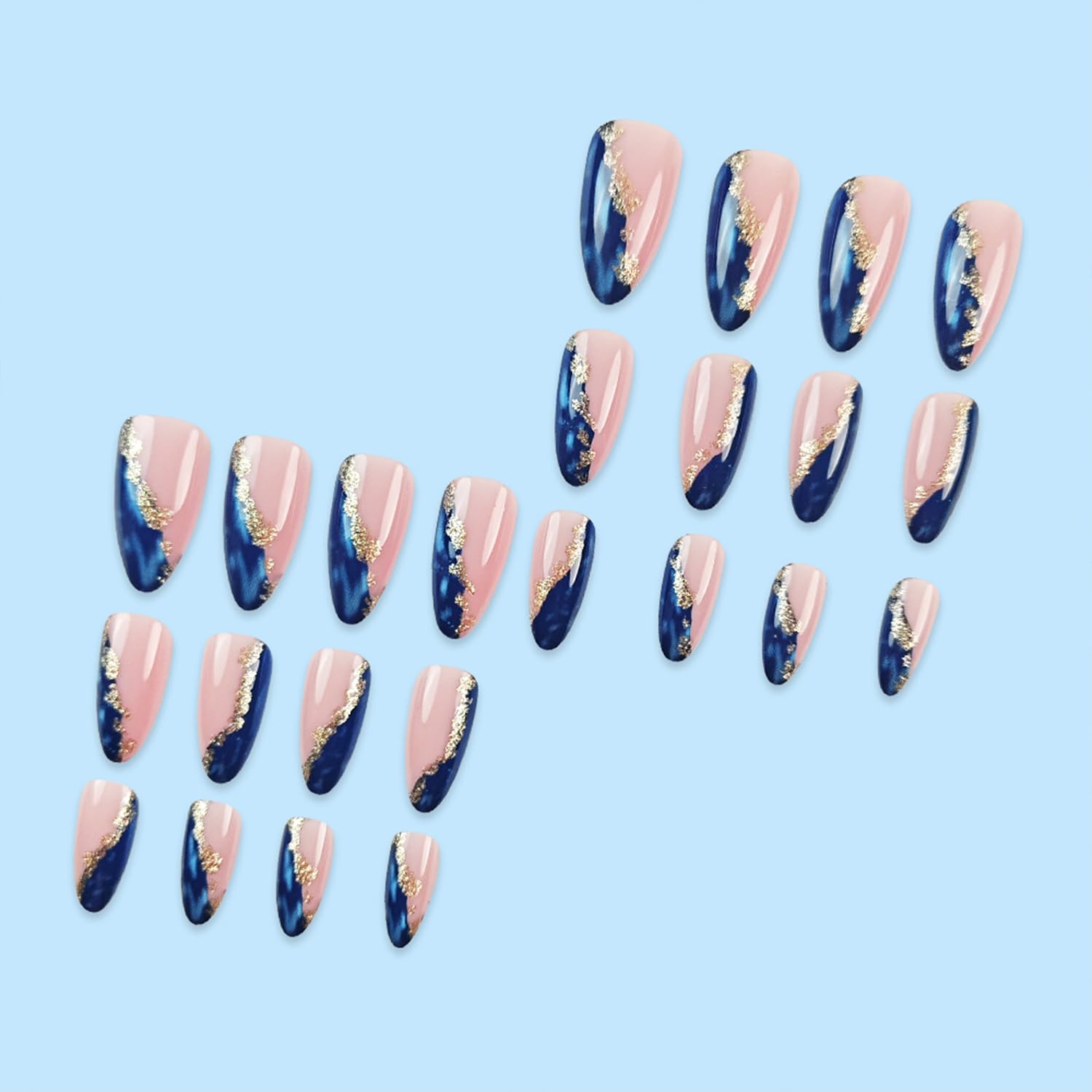 Gold Foil Blue Marble Fake Acrylic Nails Medium Almond Press on Nails Mirror Artificial Glue on Nails Full Cover Reusable False Nails for Women Girls DIY Nail Art - Image 6