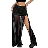 GORGLITTER Women's Ruched Mesh High Slit Maxi Skirt Y2k Sheer Goth Low Rise Bodycon Long Skirts with Shorts