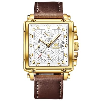 OLEVS Large Square Watches for Men White Textured Face Chronograph Watches with Leather Strap Luxury Hands Men Cheap Watch Waterproof Calendar Easy to Read Luminous Men's Quartz Watch Reloj De Hombre