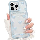 NITITOP Compatible with iPhone 15 Pro Max Case with Card Holder Clear Cute Bow Ribbon for Women Girls Colorful Frame Soft TPU Wallet Shockproof Protective Cover - Blue