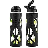 poweco 24oz Glass Water Bottle with Silicone Sleeve and Spout Lid - High Borosilicate Glass, Wide Mouth, Leakproof with Handle, BPA-Free, Perfect for Hydration on the Go (Deep Black)