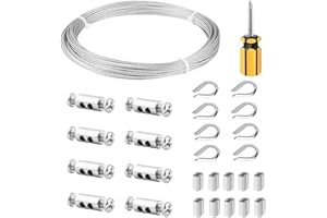 Fshihine 1/16 Wire Rope Kit, 66ft 304 Stainless Steel Cable with Clamps, Thimbles, Aluminum Sleeves, 7x7 Strand Metal Wire for String Light Hanging, Garden Trellis Kit, Curtain Hanging System