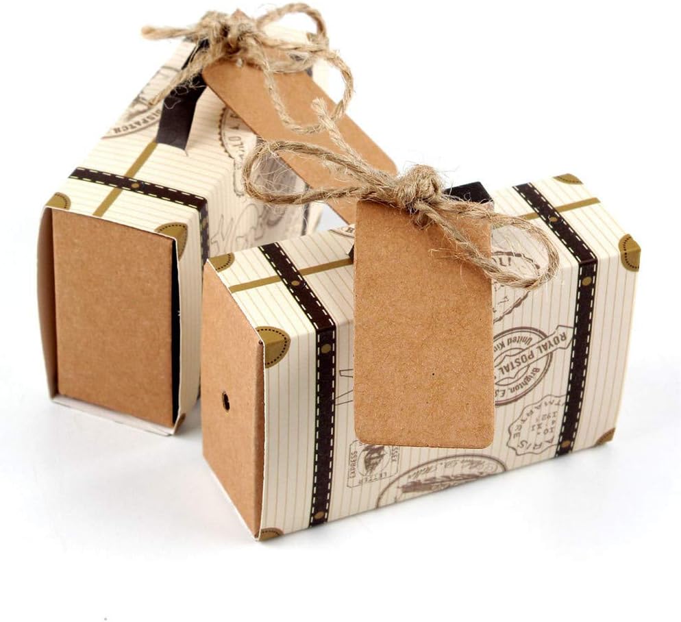 IETONE 50 Pieces Travel Suitcase Favor Boxes with Burlap Twine, Mini Vintage Kraft Candy Favor Boxes Gift Bags for Wedding/Travel Theme Party Bridal Shower Decoration