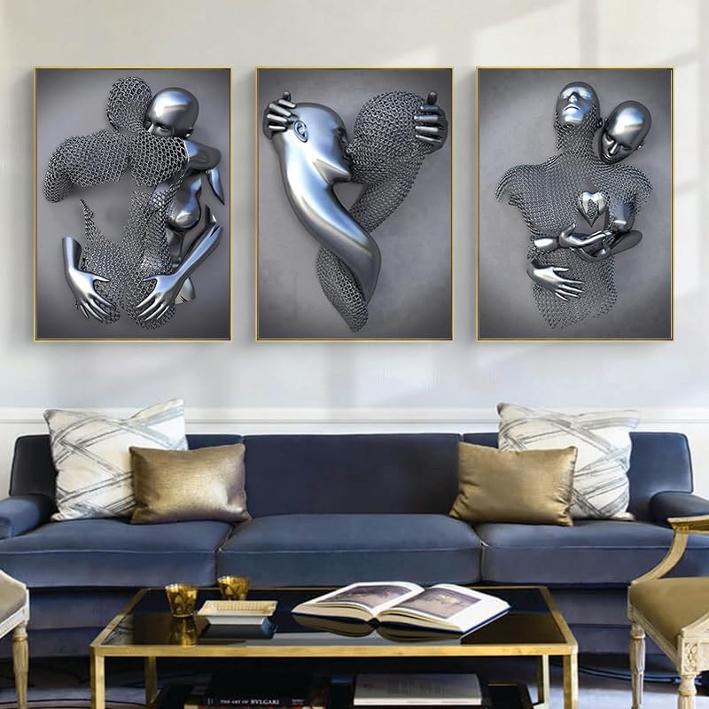 LPFNSF Modern Decorative Painting of Metal 3D, Romantic Art, Embracing Sculpture Decoration Poster, Bedroom, Living Room, Wall Printed Poster of the Main Background, Frameless. (D 1, 50x70cm*3)