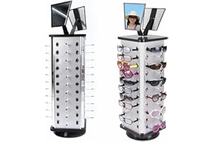MONIPA Rotating Sunglass Display Rack for Store, 44 Pairs Glass Holder, Freestanding W/ Mirror Eyeglasses Stand, Commercial Eyewear Organizer (Square)
