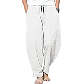 GUDEUBAI Men's Casual Cotton Linen Pants Elastic Waist Drawstring Beach Summer Lightweight Trousers