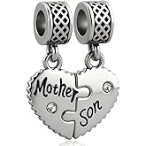 QeenseKc Mother Daughter Son Matching Heart Dangle Charm Compatible with Pandora Bracelet Women