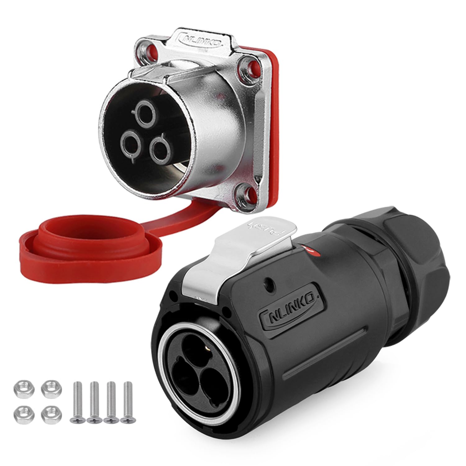 CNLINKO LP-24 3 Pin Waterproof Connector 25A 500V AC Quick Plug Circular Connector PBT Plastic Shell Fast Release Aviation Connector M24 Flange Socket (3 Pin)