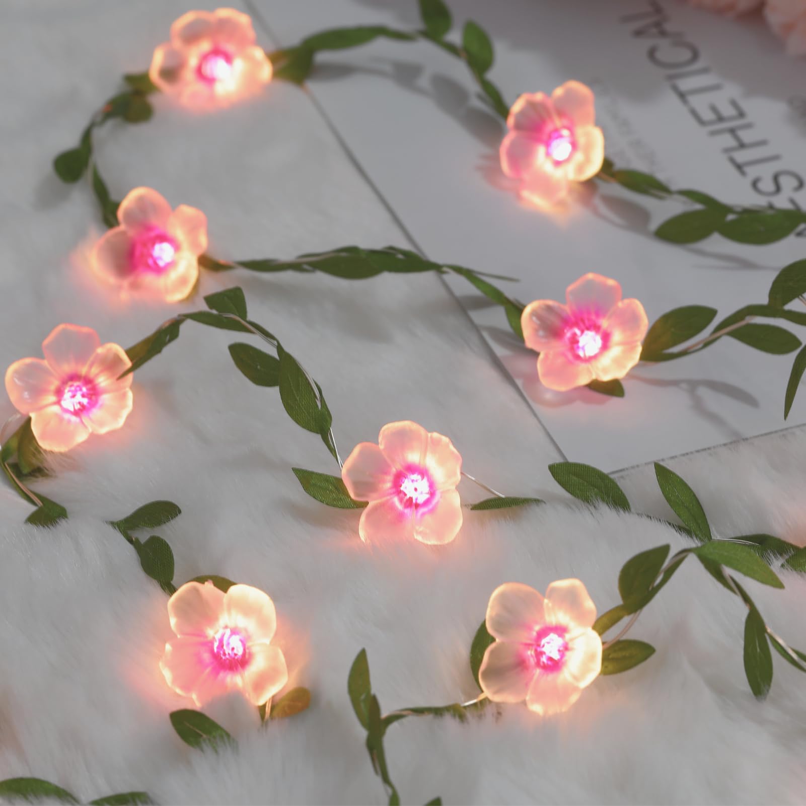 Photo 1 of 2 Count Cherry Blossom Vine Lights 13ft 40 LED Flower String Lights USB Plugin & Battery Operated Fairy Lights with Timer 8 Modes Remote Decorative Light for Bedroom Wedding Party, Warm White
