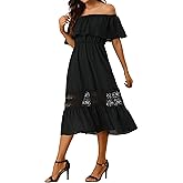 Allegra K Women's Chiffon Off Shoulder Ruffle Flutter Sleeve Lace Insert Boho Beach Vacation Maxi Dress