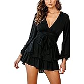 Relipop Womens Floral Print Romper V Neck Long Sleeve Double Layer Ruffle Hem Shorts Jumpsuit 2026 Beach Vacation Outfits