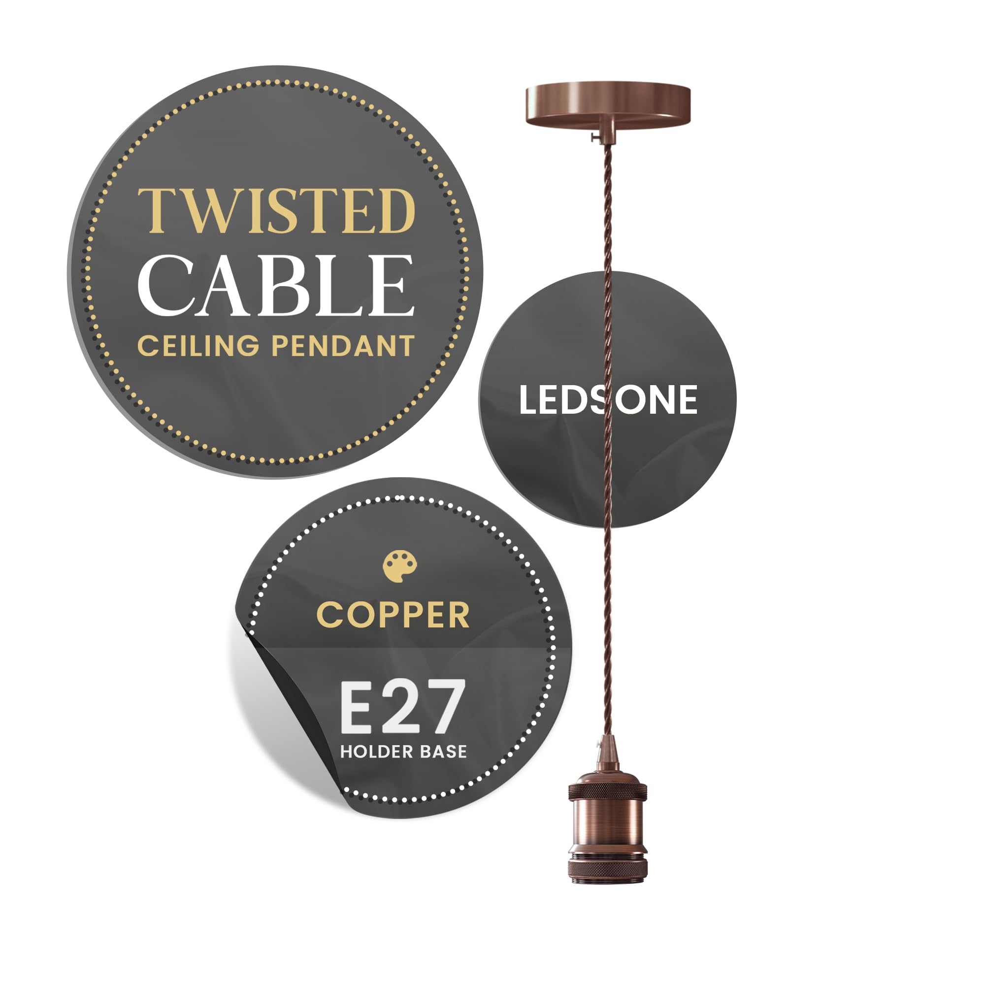 LEDSone Vintage Copper E27 Pendant Light Fitting – Twisted Braided Cable Ceiling Lamp Holder Kit for Indoor Hanging Lighting in Kitchen, Dining Room, Bar, Cafe, Loft