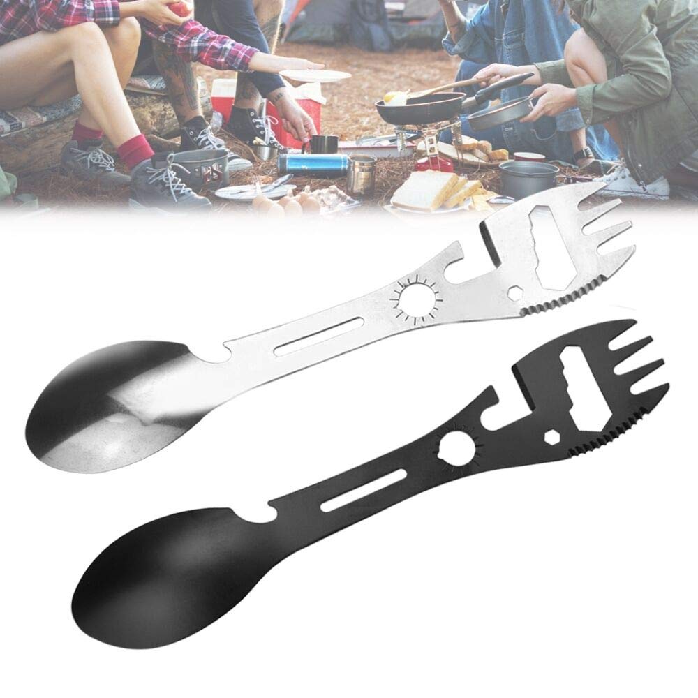 SNAGAROG 2 Pcs Camping Sporks, 8-in-1 Stainless Steel Spork Outdoor Spoon Fork Multi Function Camping Cutlery with Can & Bottle Opener, Wrench for Outdoor Camping, Hiking, Fishing (Black & Silver)