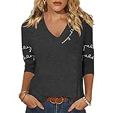 Christmas 3/4 Sleeve Shirt for Women Funny Xmas Doodles Graphic Tee Winter Holiday Family Party Matching Tops Blouse