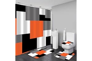 Yizheer Geometric Orange Shower Curtain Sets with Non-Slip Rugs,Toilet Lid Cover and Bath Mat, Black and Gray Bathroom Decor Set Accessories Waterproof Shower Curtains