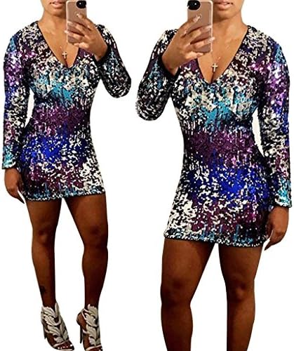 vnytop Women Sexy Gradient multicolored Sequin V Neck Long Sleeved Party Mini Dress