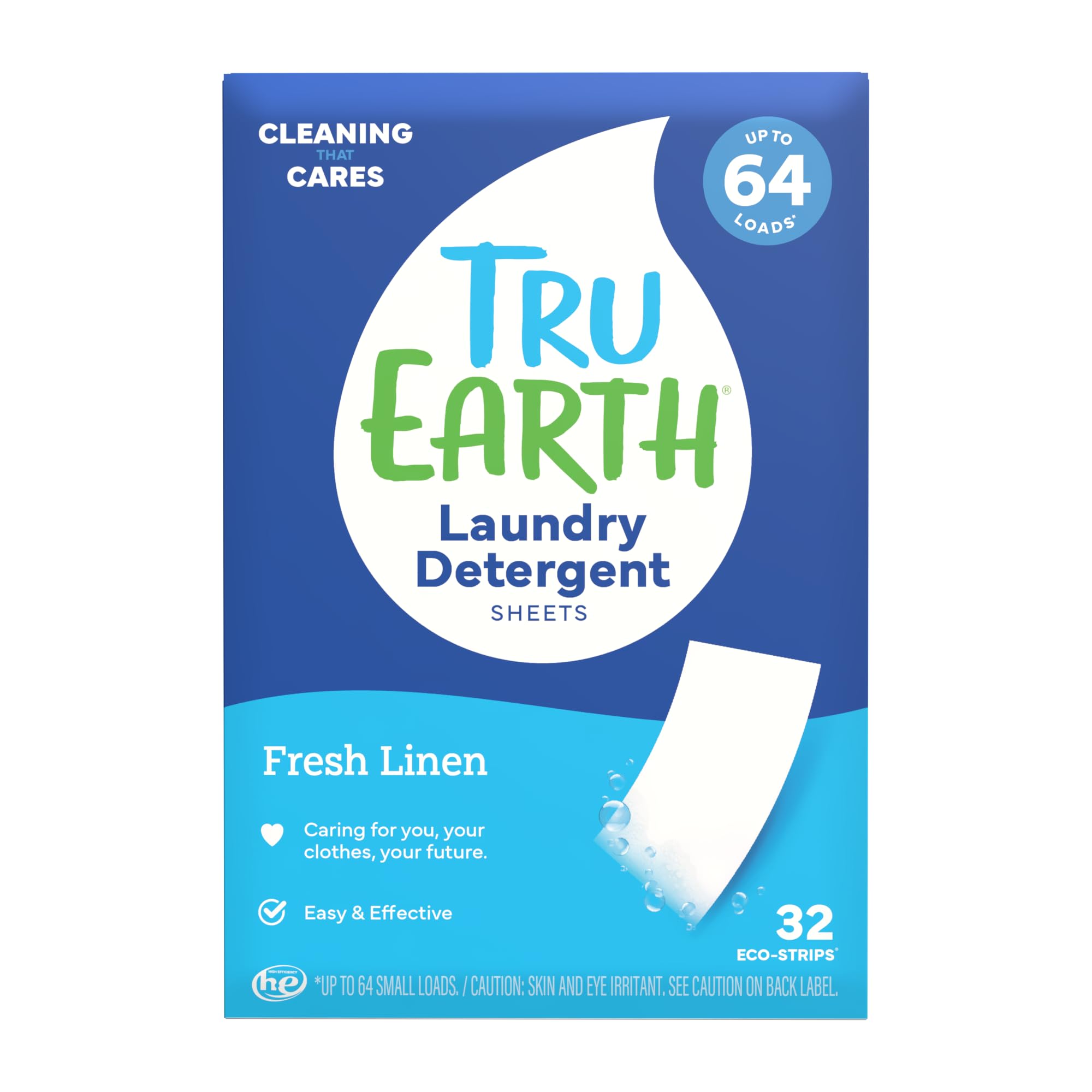 Tru Earth Eco-friendly, Biodegradable, Zero Waste, Cruelty-Free Laundry Detergent Sheets/Eco-Strips for Sensitive Skin, 32 Count (Up to 64 Loads), Fresh Linen Scent