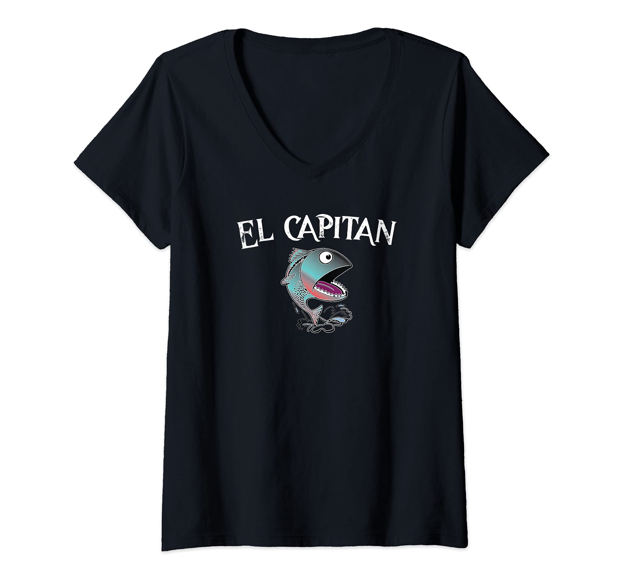 Womens El Capitan Fishing Boat Captain or Skipper Leaping Fish V-Neck T-Shirt