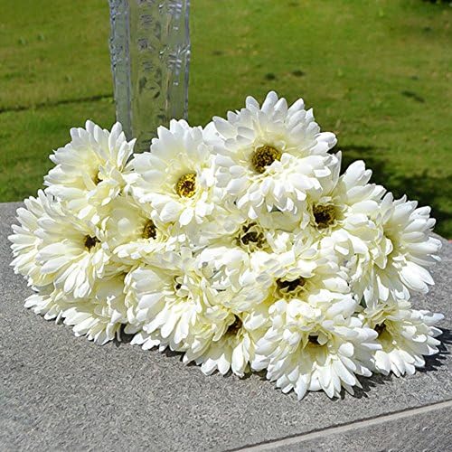 Artificial Flowers, Kayau 10pcs PU Artificial Gerbera Daisy Bouquet for Wedding Party Home Office Gift Indoor Decoration (White)