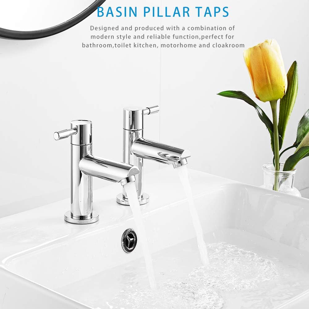 Maynosi Bathroom Basin Pillar Taps, Pair Basin Sink Mixer Taps, 1/4 Turn Washroom Pair Faucets Twin Lever, 2 Pcs Modern Taps - Image 3