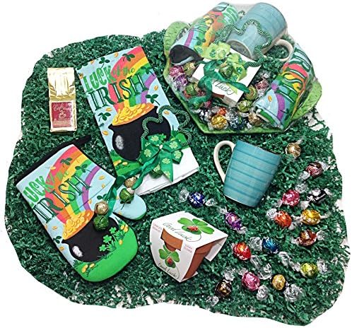 Irish St. Patricks Day Kitchen &amp; Coffee Gift Basket - Lindt Gourmet Lindor Chocolate Truffles Chocolate Candy, Mug, Coffee, Towel, Potholder, Door Hanger &amp; Lucky Clover Grow Kit