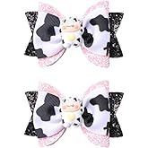 2Pcs Cow Print Hair Bow Clips - Black Glitter Handmade Satin Bowknot Cute Alligator Hair Barrettes New Year Party Hair Accessories for Toddler Teen Girls Kids (Black-Cow)