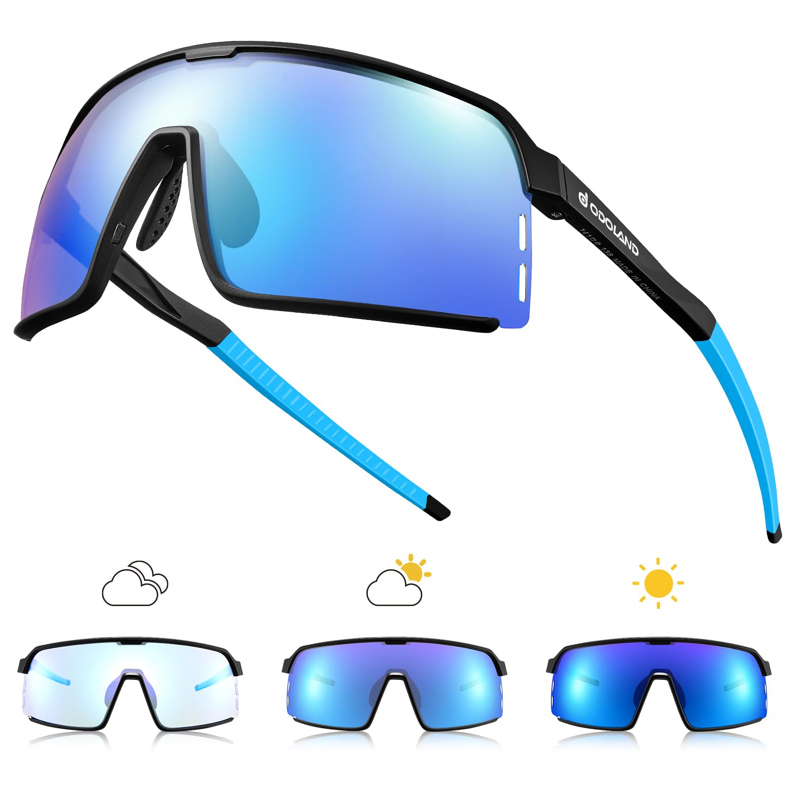 Odoland Photochromic Sports Sunglasses for Men Women Adult UV400 Anti Glare Running Sunglasses for Cycling Riding Run Driving Fishing Indoor and Outdoor Blue