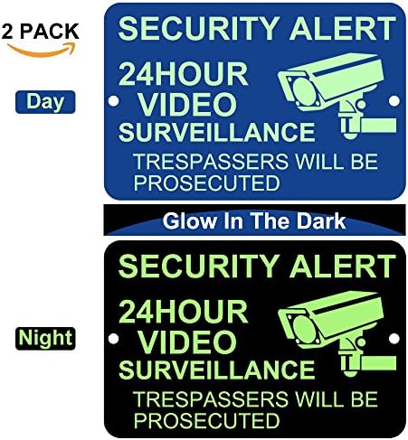 KATEVO Video Surveillance Sign Glow - Pack of 2, Security Alert Sign - No Trespassing Signs - Home &amp; Business Security Stickers Self-Adhesive Decal - 0.40 Aluminum Sign