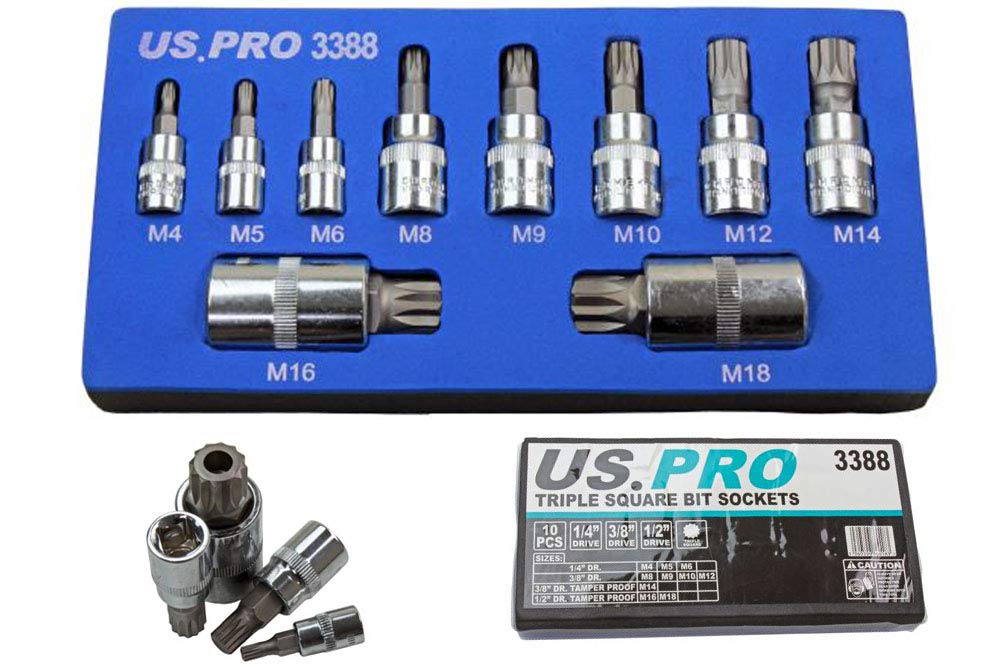 US PRO Tools 10pc Triple Square Spline Bit Sockets in Foam Tray M4-M18 B3388