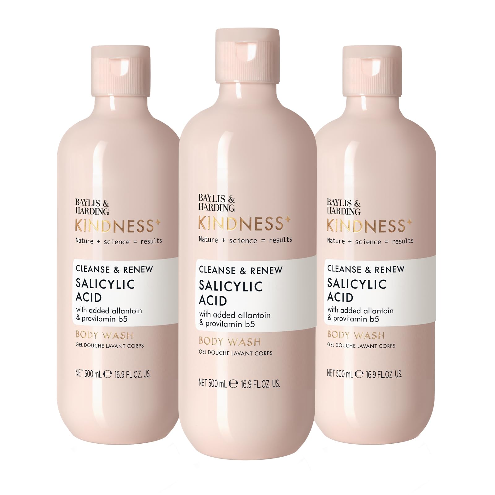 Baylis & Harding Kindness+ Salicylic Acid Cleanse & Renew, Dewbury & Lime Leaf Fragrance, 500ml Body Wash (Pack of 3) - Vegan Friendly