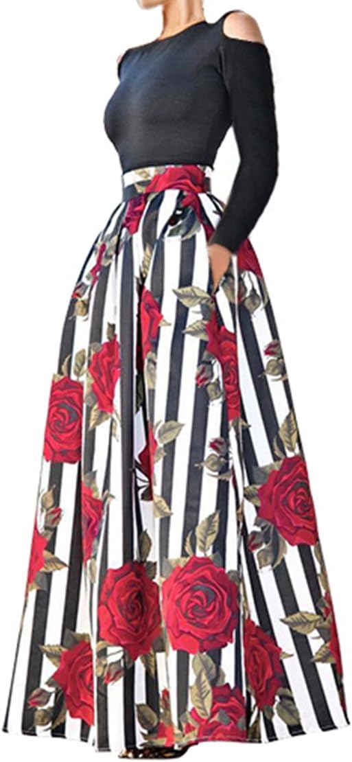 Delcoce Womens Two Piece Tops Skirts Set Floral Print Maxi Skirts with Pockets 3X