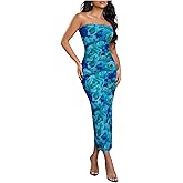 Milumia Women's Floral Mesh Strapless Tube Top Long Dress with Slit Wedding Guest Party Bodycon Maxi Dress