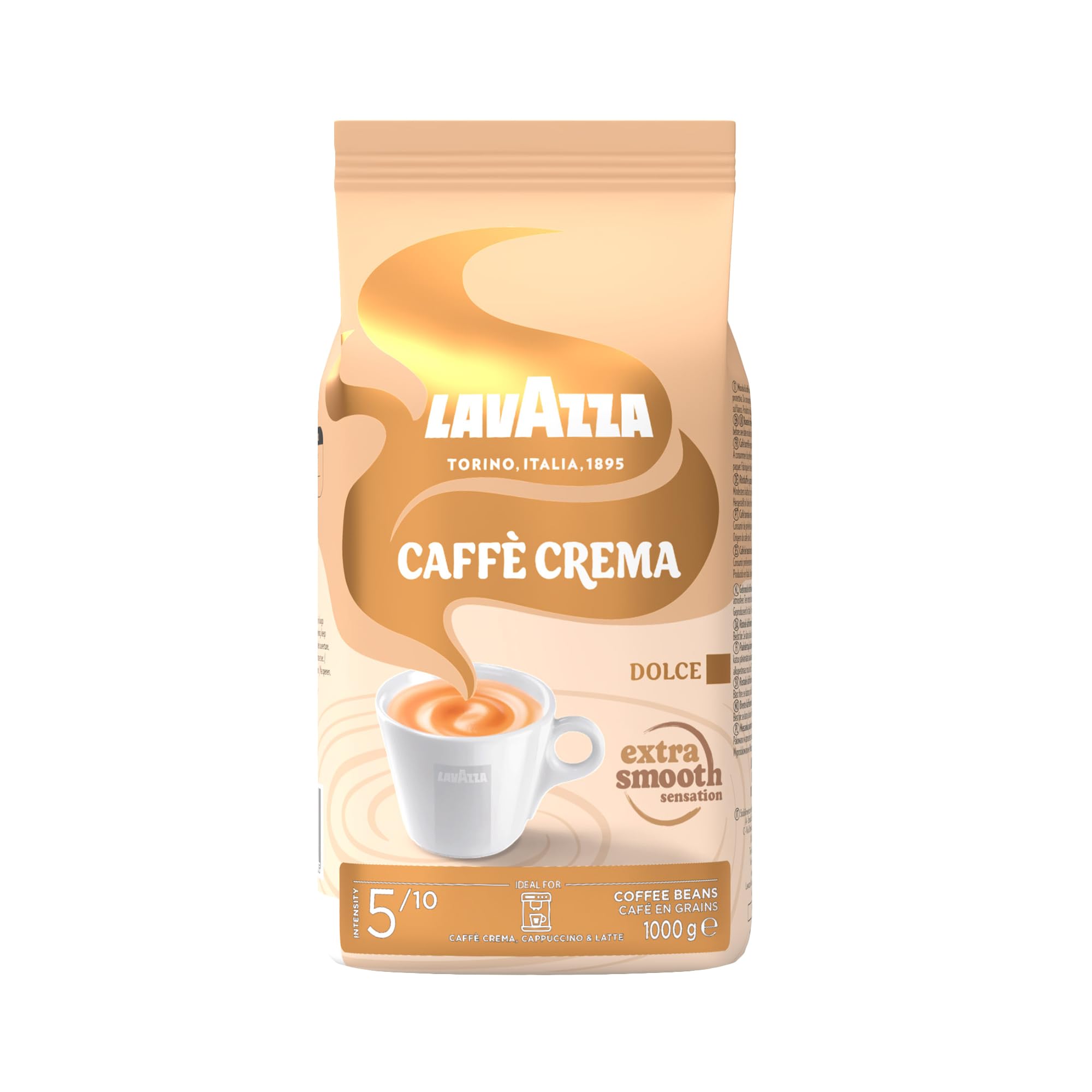 Lavazza, Caffè Crema Dolce, Arabica und Robusta Kaffeebohnen, Ideal für Espressomaschinen, mit Aromanoten von Trockenfrüchten, Nussiger Geschmack, Intensität 5/10, Mittlere Röstung, 1 kg Packung