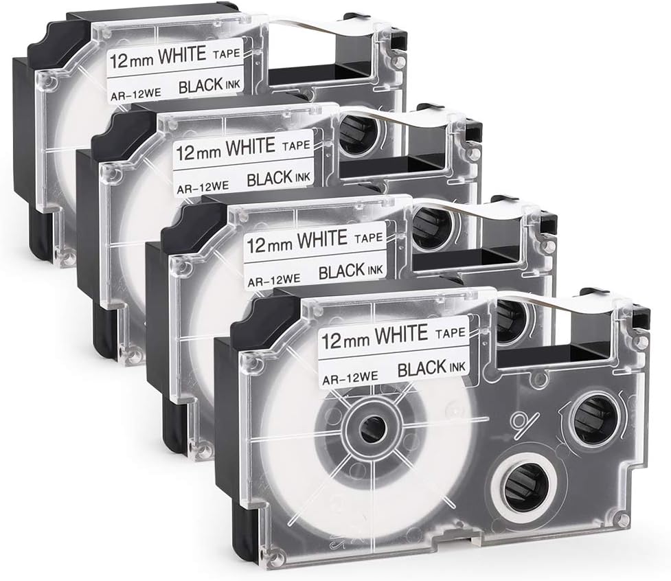 Freshworld Compatible Labeling Tape Replacement for Casio XR-12WE XR-12WE2S,for Casio KL-60 KL-60SR KL-170 KL-100 KL-120 KL-750 KL-780 EZ-Label Printer 1/2 Inch(12mm) x 26ft(8m), Black on White, 4Pack