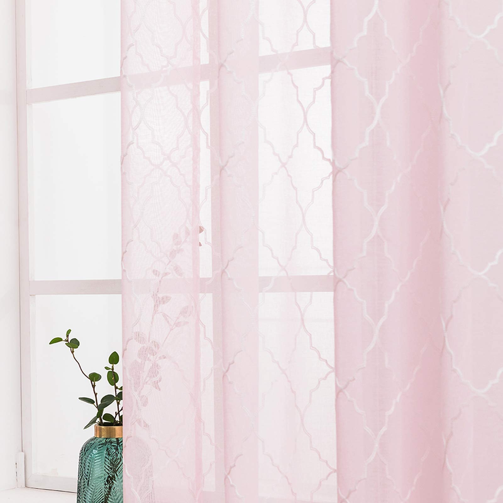 MIULEE 2 Panels Embroidered Sheer Window Design Grommet Curtains Window Moroccan Style Voile Panels Drape Treatment for Bedroom Living Room 55" Wx85 L Morocco Pink