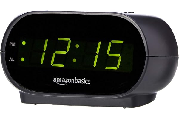 Amazon Basics Small Digital Oval Alarm Clock With LED Display, Nightlight & Battery Backup, Black, 4.5 x 3.5 x 2.4 Inches