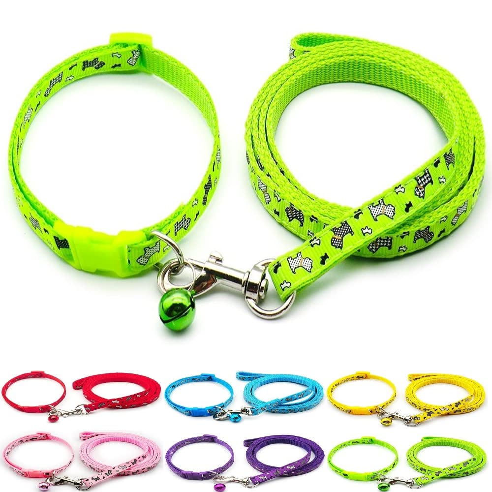 Small Dog Puppy Pet Collar and Lead Set Scotty Dogprint Design Nylon Adjustable Size 19-32cm Collar with Bell and 120cm Leash Green