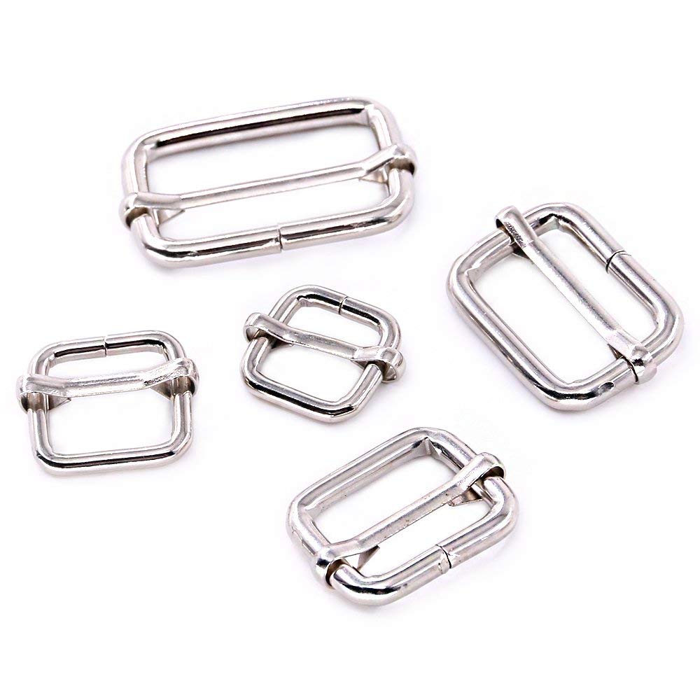 Swpeet 50Pcs 5 Sizes 1/2" 3/4" 1" 5/4" 5/8" Multi-Purpose Metal Rectangle Adjuster Triglides Slides Buckle for Belts Hardware (Silver)