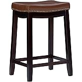 Linon Home Decor Kingston Dark Brown Wood with Cognac Faux Leather Upholstered Seat 24 Inch Seat Height Backless Counter Stoo