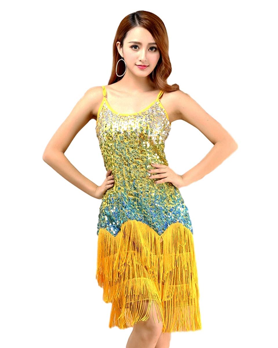 Grouptap 1920 Gatsby latin women sequin tassel fancy 1930 dance skirt dress yellow salsa samba rumba ladies size 6/8/10/12 (Yellow, UK 6-12)