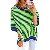 Tankaneo Womens Oversized T Shirts Striped Color Block Cotton Tops Summer Casual Half Sleeve Loose Fit Crewneck Sweatshirts